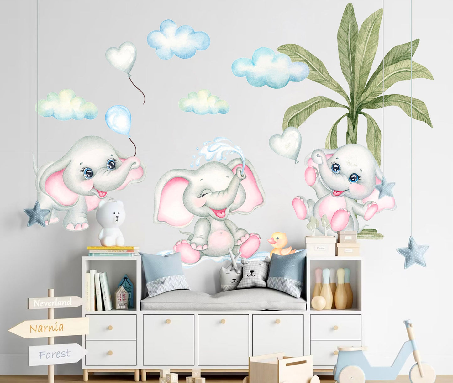 Baby Elephants Playing with Balloons and Water under Coconut Tree Removable Nursery Wall Decal - BR393