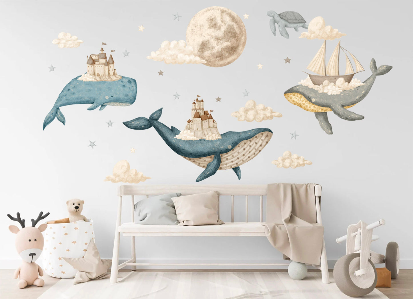 Whimsical Whale Sky Castle Wall Decal - Watercolor Moon Room Decor - BR385