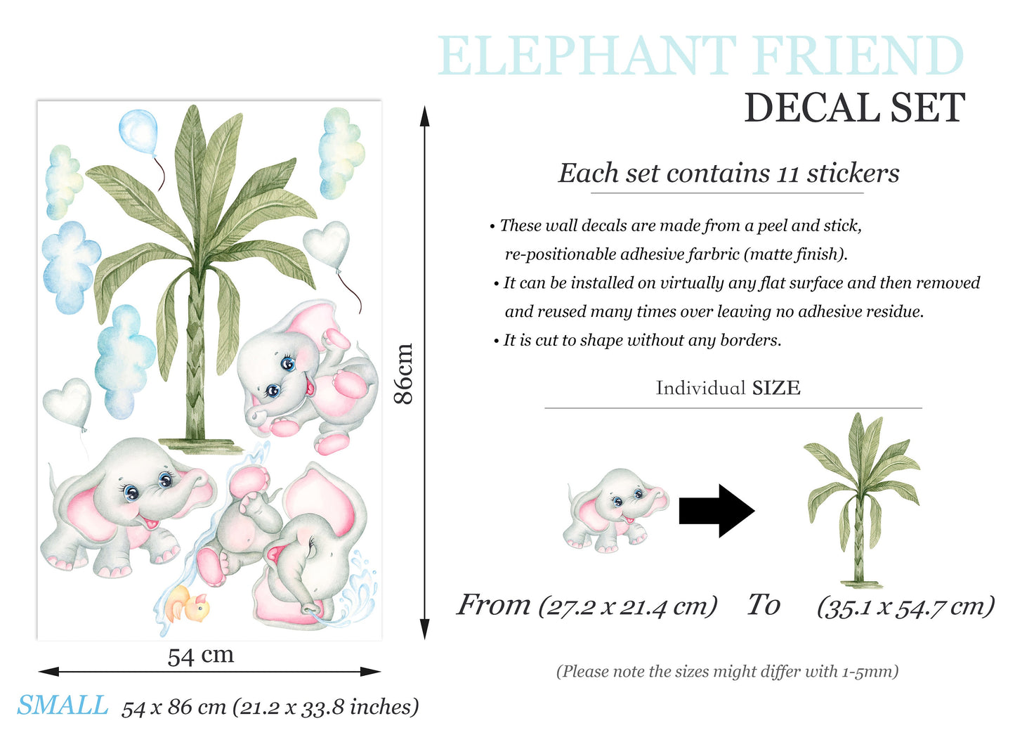 Baby Elephants Playing with Balloons and Water under Coconut Tree Removable Nursery Wall Decal - BR393