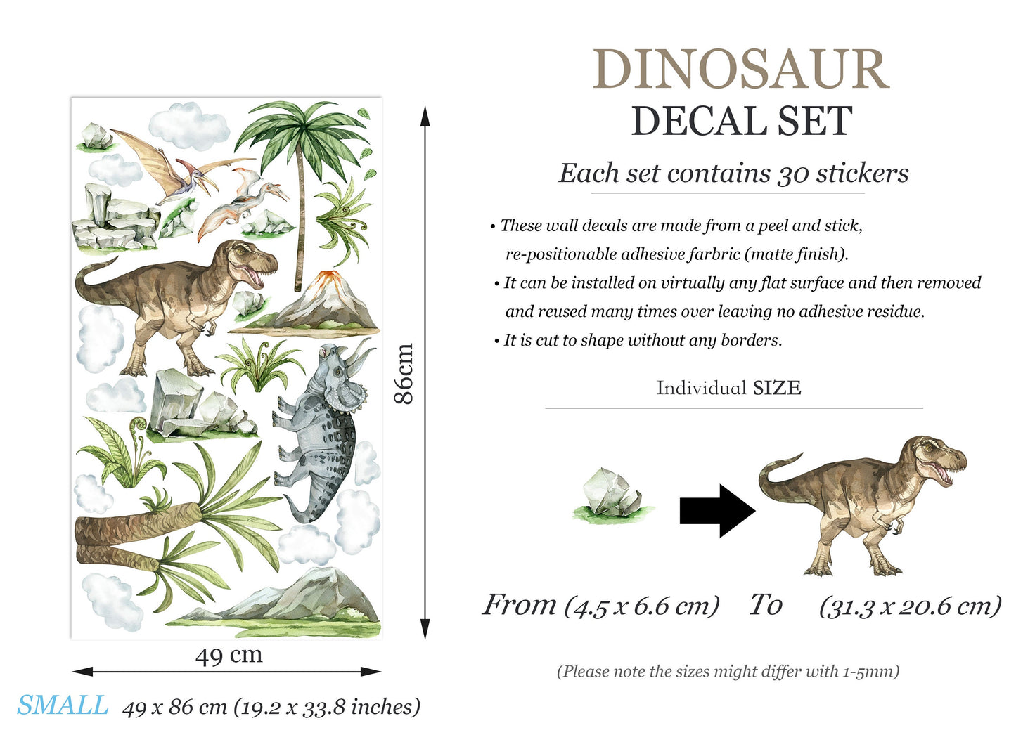 Watercolor Dinosaurs Jurassic World Prehistory Wall Decal - Boy‘s Room Decor - BR397