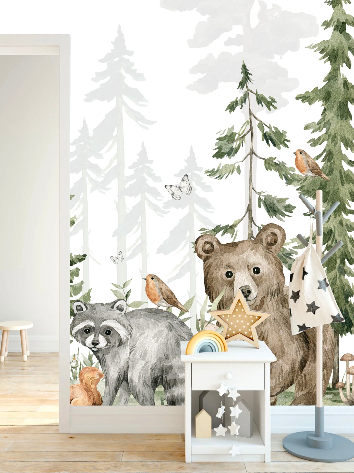 Woodland Animals Nursery Wallpaper - Bear Deer Rabbit Fox Trees and Mountains - WM026