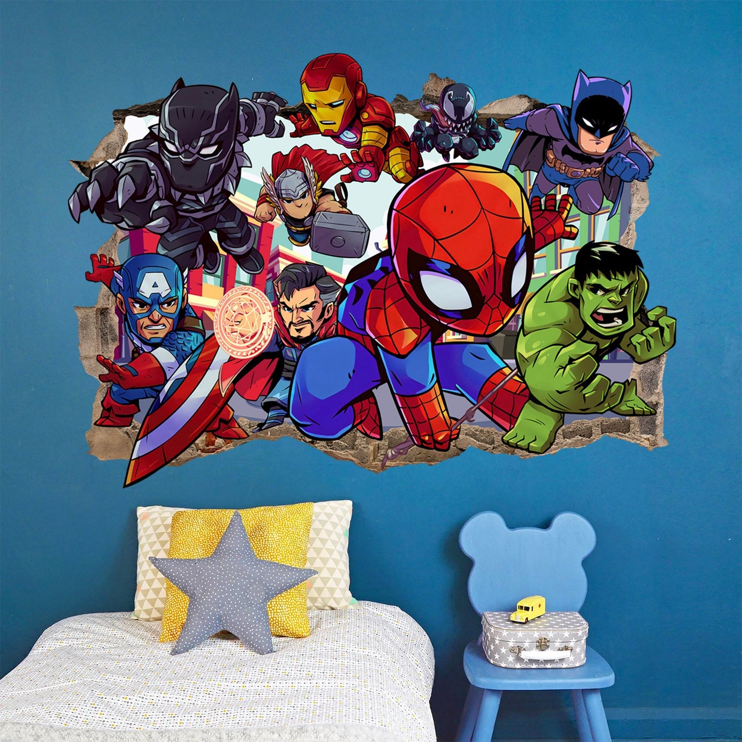 Bursting Avengers Super heroes Spiderman Iron Man Hulk Captain America 3D Smashed Wall Decal - BR344