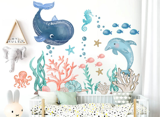 Deep Blue Whale Light Blue Dolphin Cartoon Wall Decal - Playful Underwater Scene - BR411