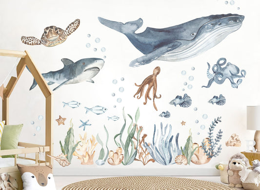 Underwater Adventure with Whale, Shark, Octopus, and Turtle Wall Decal - Removable Peel and Stick - BR410