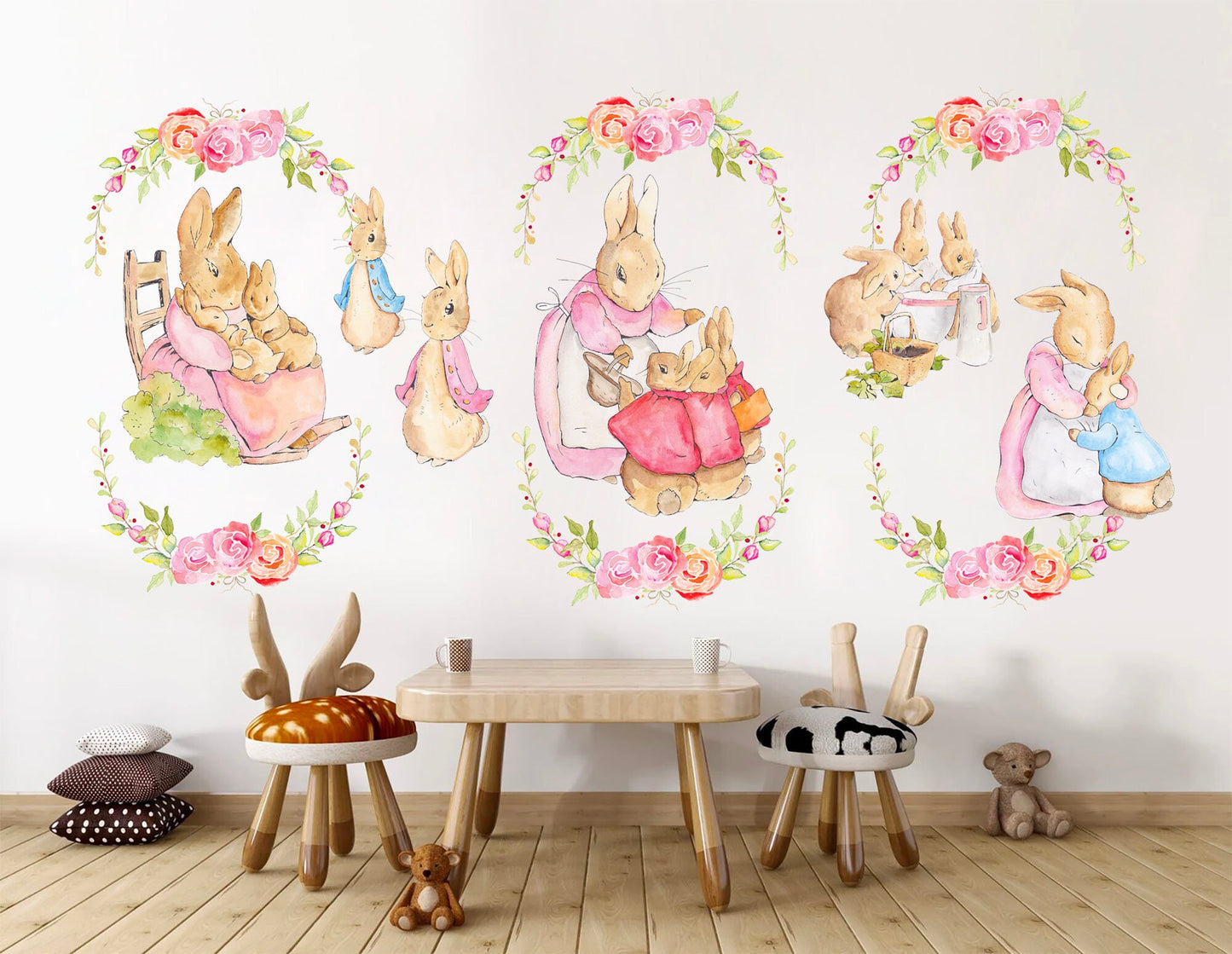 Peter Rabbit Family: Cartoon Wall Decal in a Floral Wonderland - BR421
