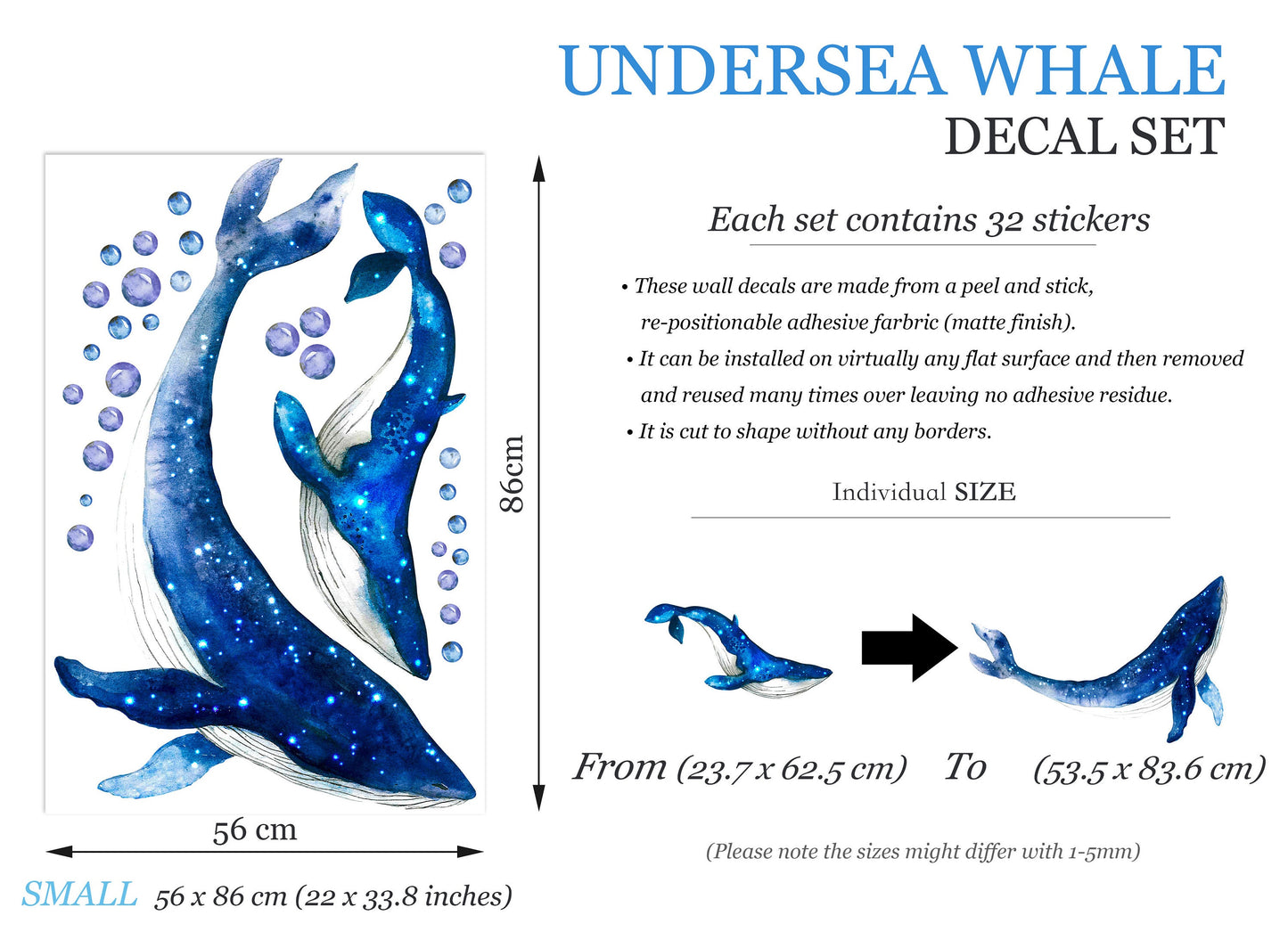 Whale Mom and Baby in Blue Bubbles Wall Decal - Removable Peel and Stick - BR413