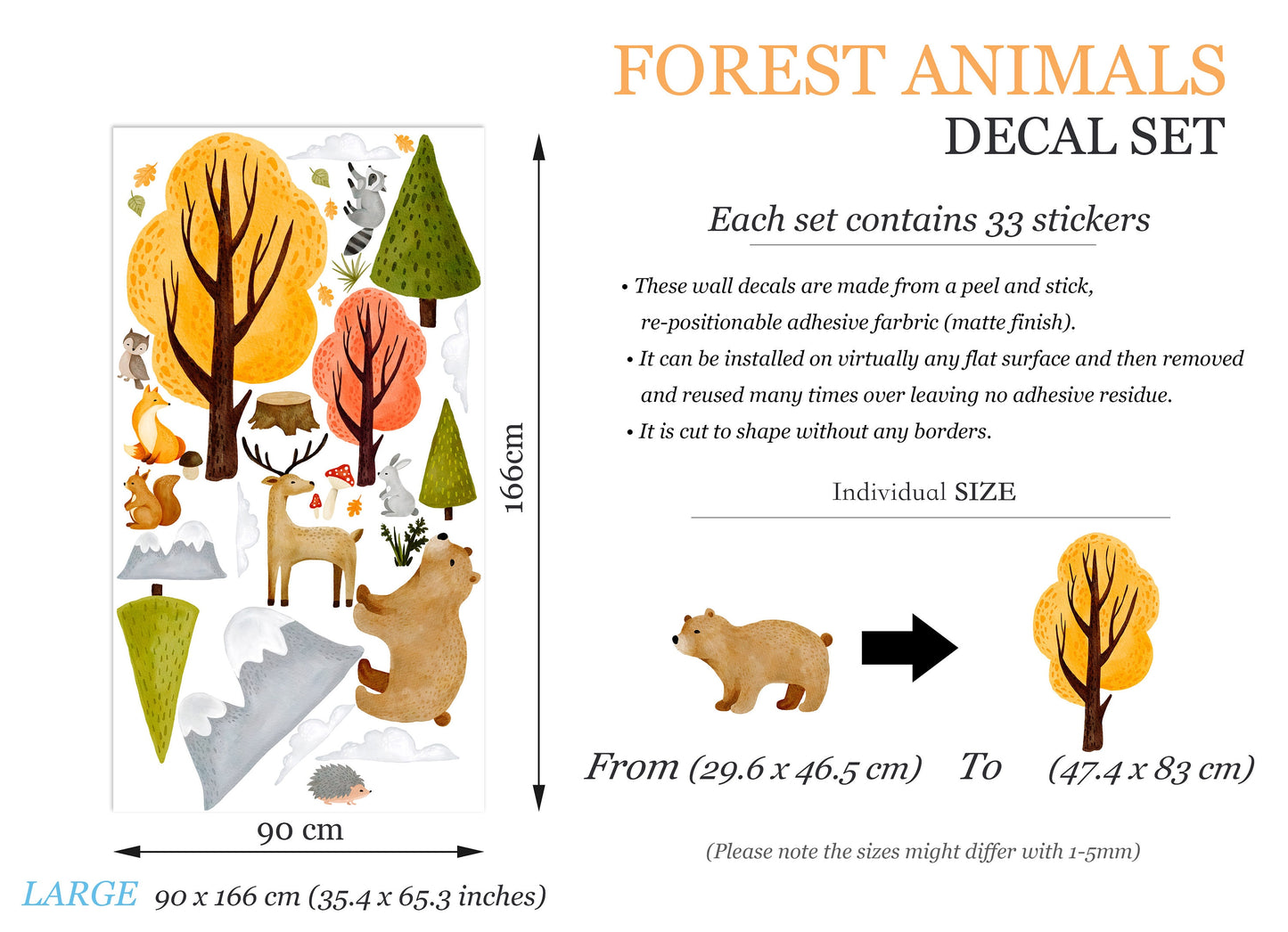 Autumn Forest Baby Animlas Wall Decal - bear deer squirrel Mountain - BR432