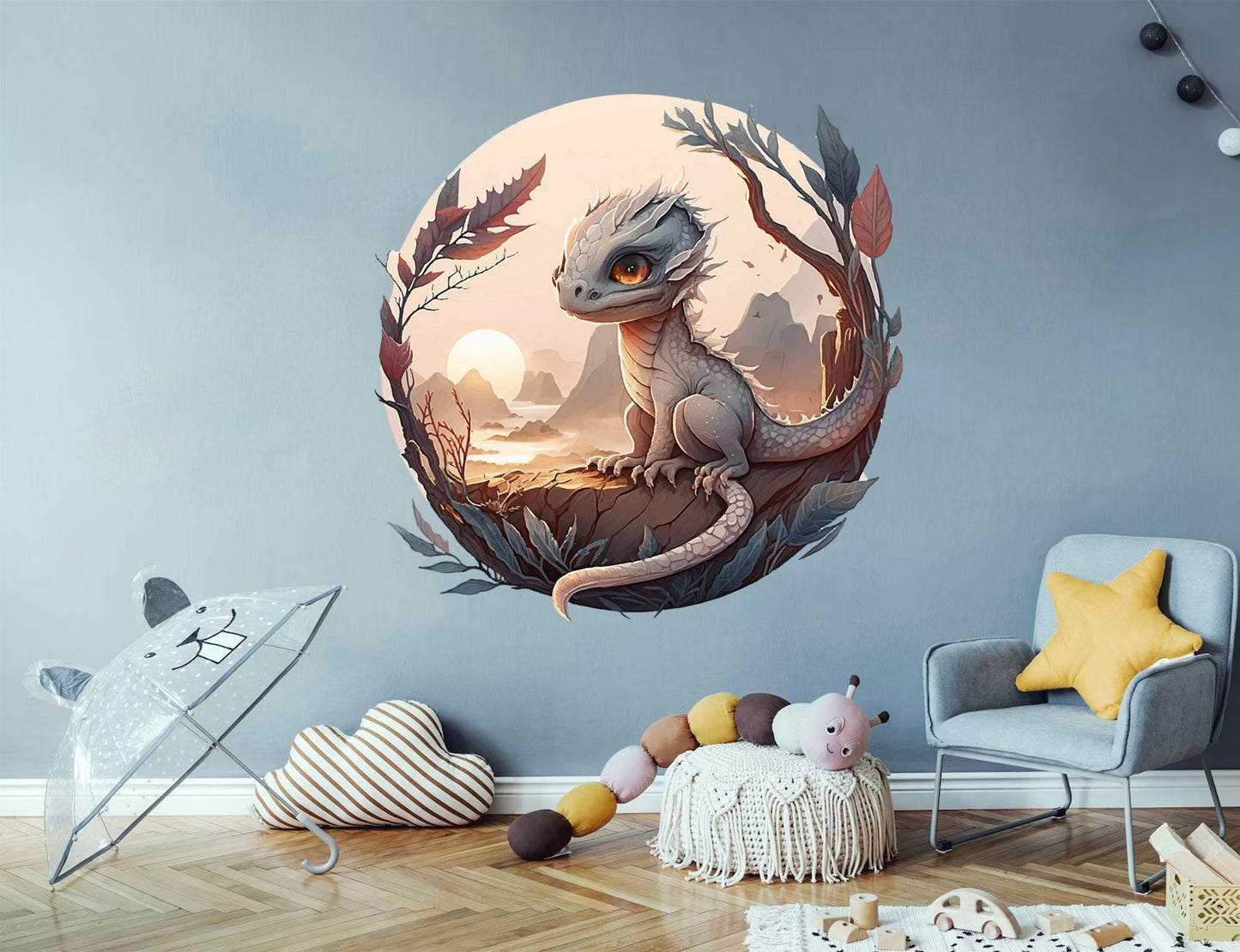 Baby Dragon Sunset Perch Round Cut Wall Decal - Removable Peel and Stick - BR439