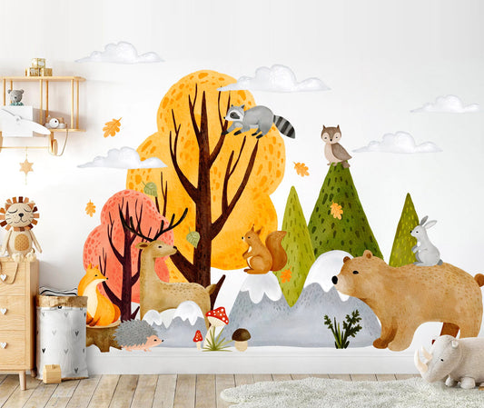 Autumn Forest Baby Animlas Wall Decal - bear deer squirrel Mountain - BR432