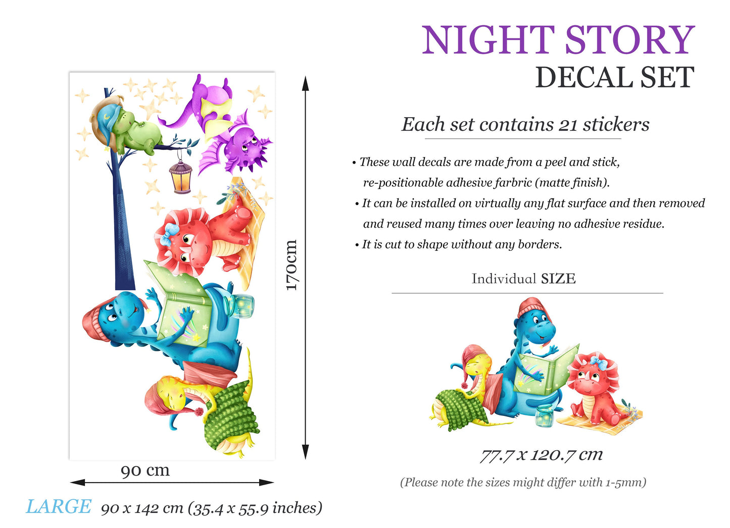Playful Dragon Cartoon Story Reading Sleep Nursery Wall Decal - BR435