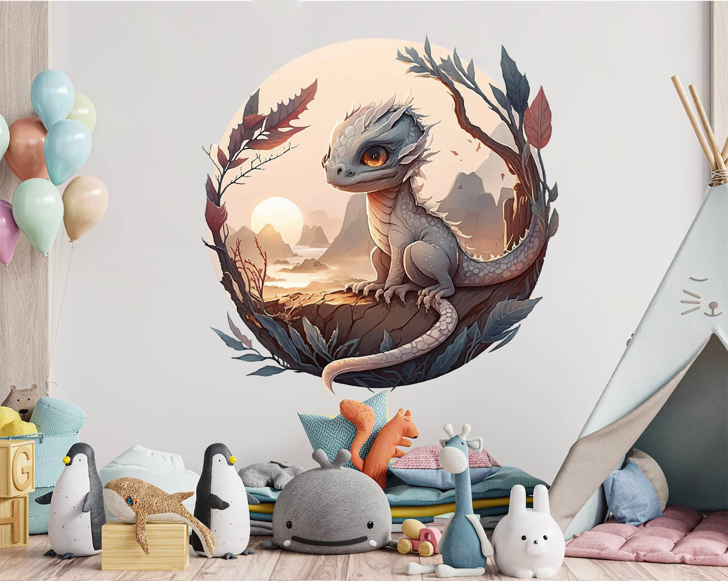 Baby Dragon Sunset Perch Round Cut Wall Decal - Removable Peel and Stick - BR439