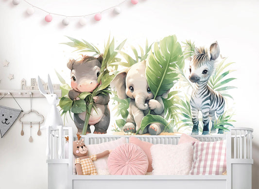 Adorable African Animal Babies Wall Decal - Hippo, Elephant, and Zebra Cuddles - BR442