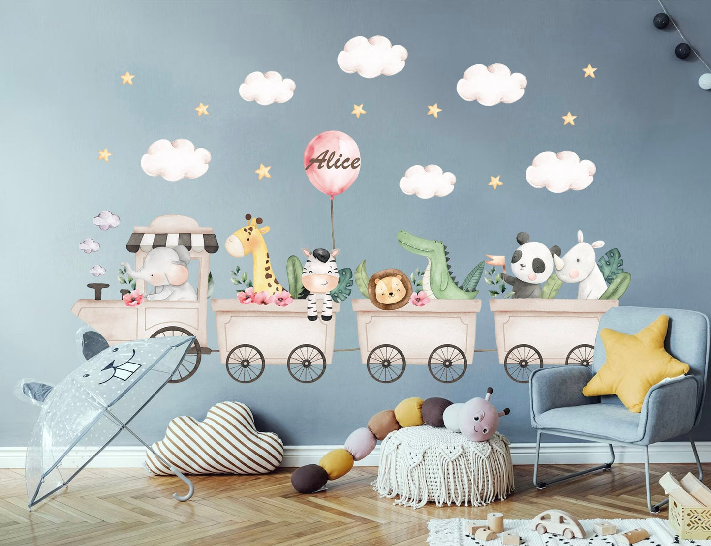 Safari Train Adventure Wall Decal - Elephant Giraffe Hippo Zebra Lion with Clouds and Stars - BR445