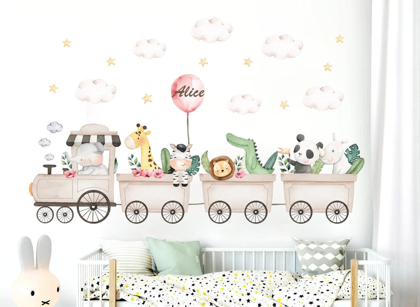 Safari Train Adventure Wall Decal - Elephant Giraffe Hippo Zebra Lion with Clouds and Stars - BR445