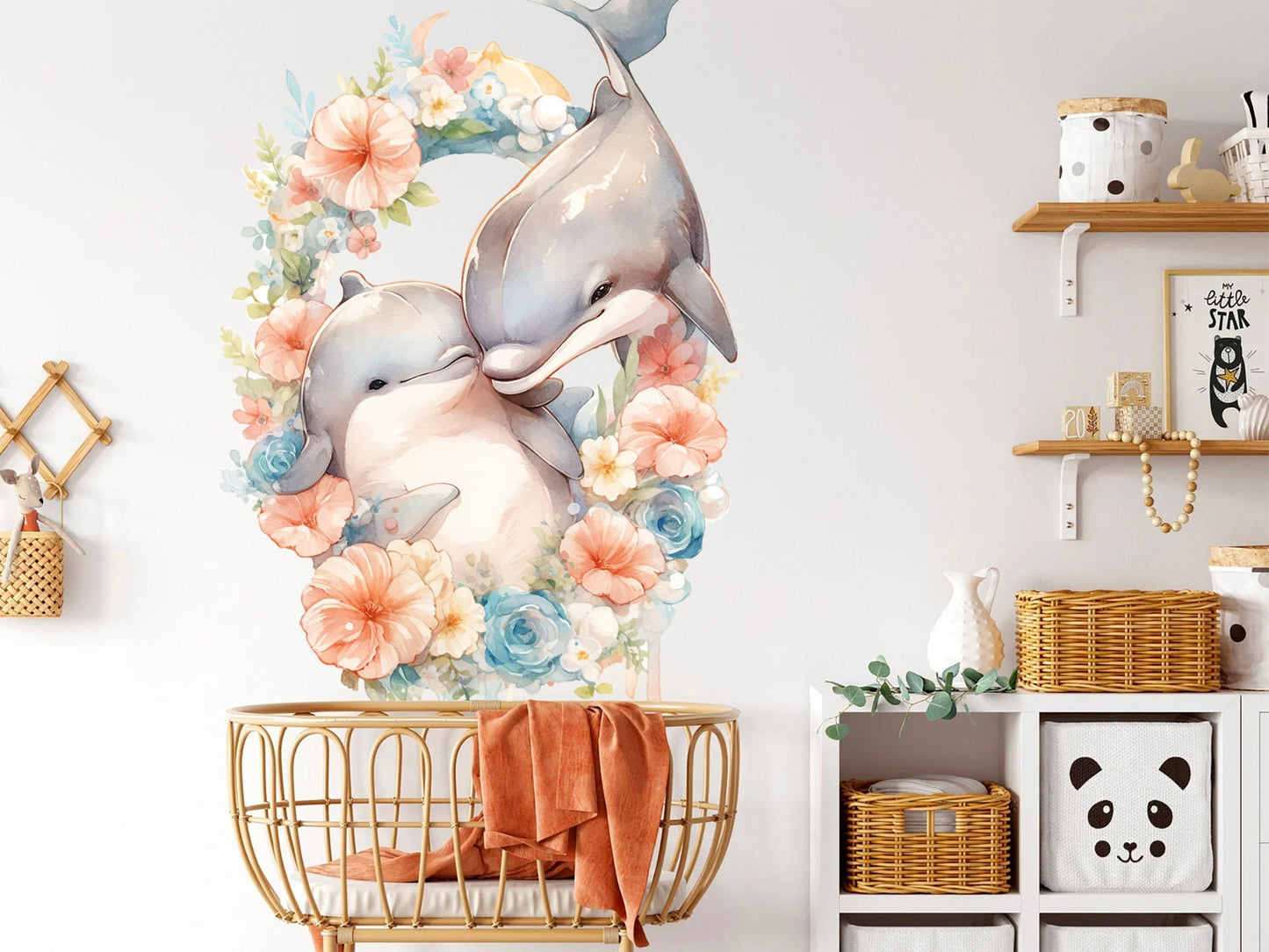 Duo of Dolphins in Floral Wreath Wall Decal - Removable Peel and Stick - BR447