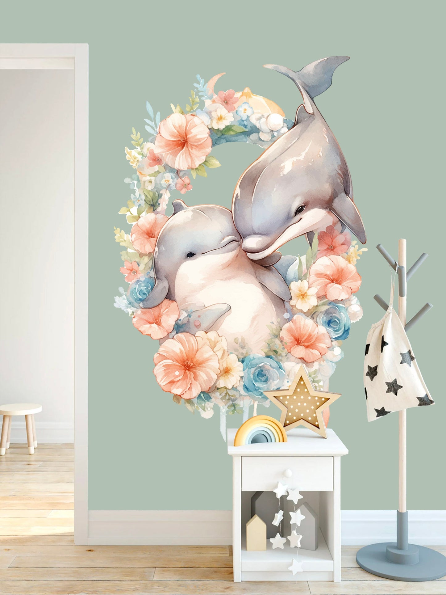 Duo of Dolphins in Floral Wreath Wall Decal - Removable Peel and Stick - BR447
