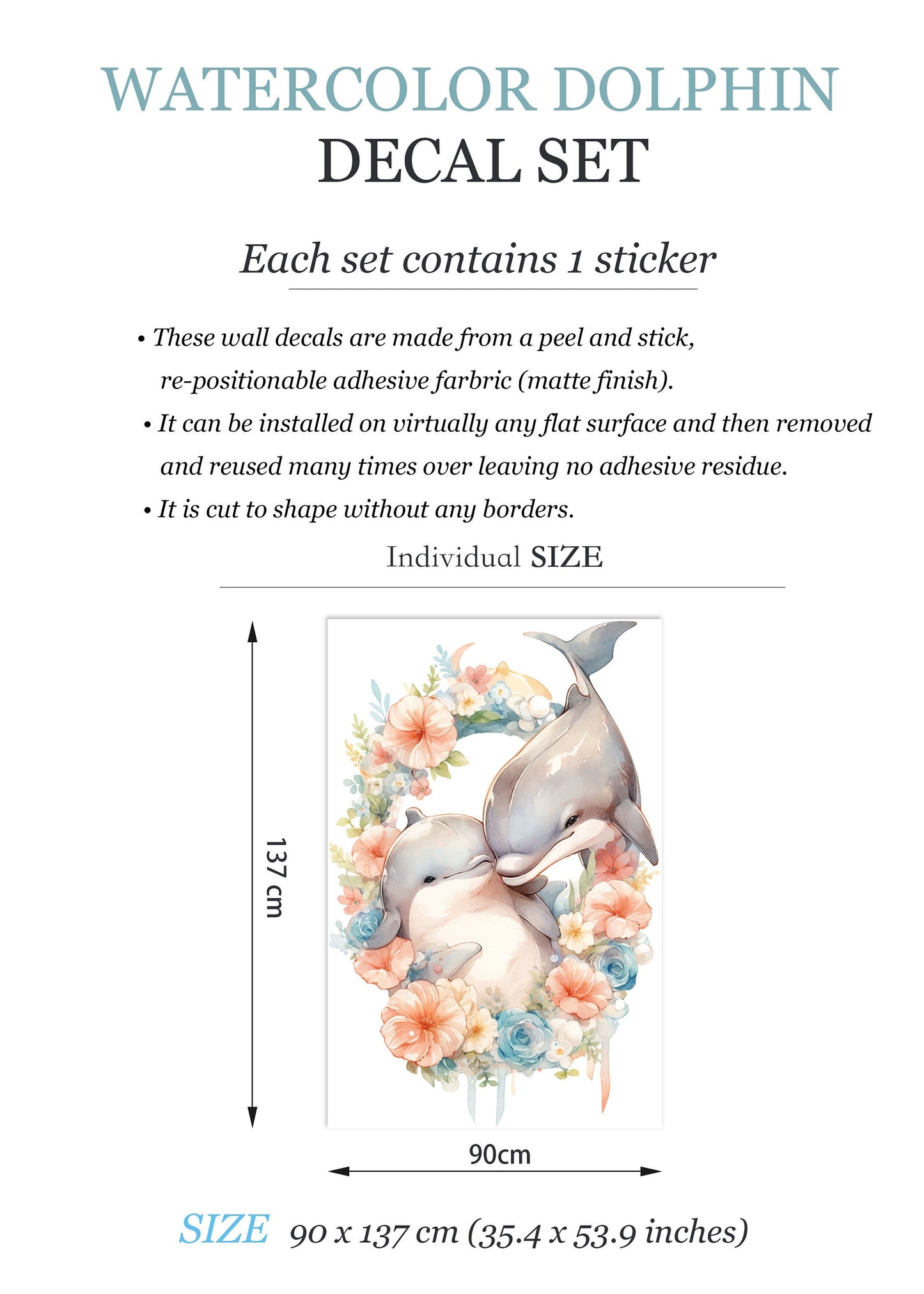 Duo of Dolphins in Floral Wreath Wall Decal - Removable Peel and Stick - BR447