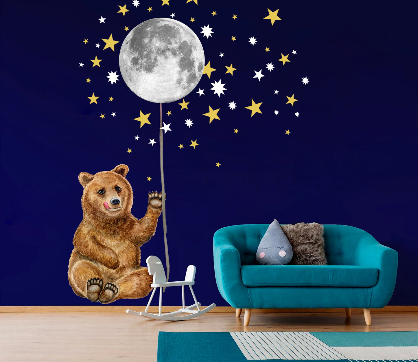 Brown Bear Under Full Moon Starry Removable Wall Decal - Stars Night Sky - BR448