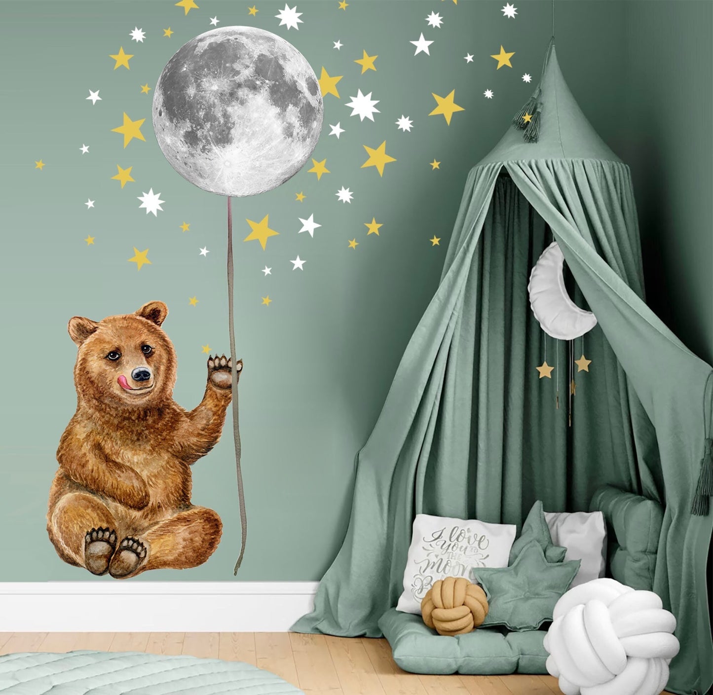 Brown Bear Under Full Moon Starry Removable Wall Decal - Stars Night Sky - BR448