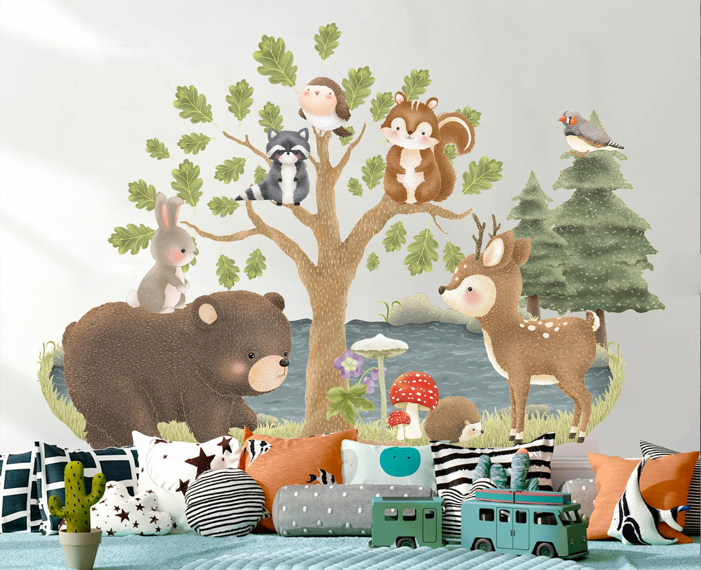 Woodland Friends Lakefront Play Removable Wall Decal - Bear Fawn Squirrel Big Tree River - BR444