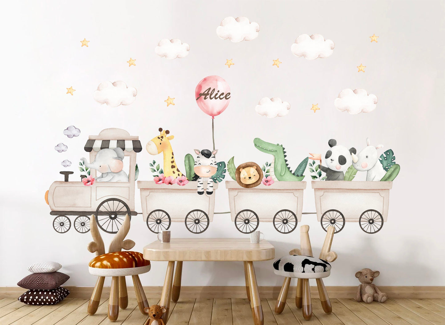 Safari Train Adventure Wall Decal - Elephant Giraffe Hippo Zebra Lion with Clouds and Stars - BR445