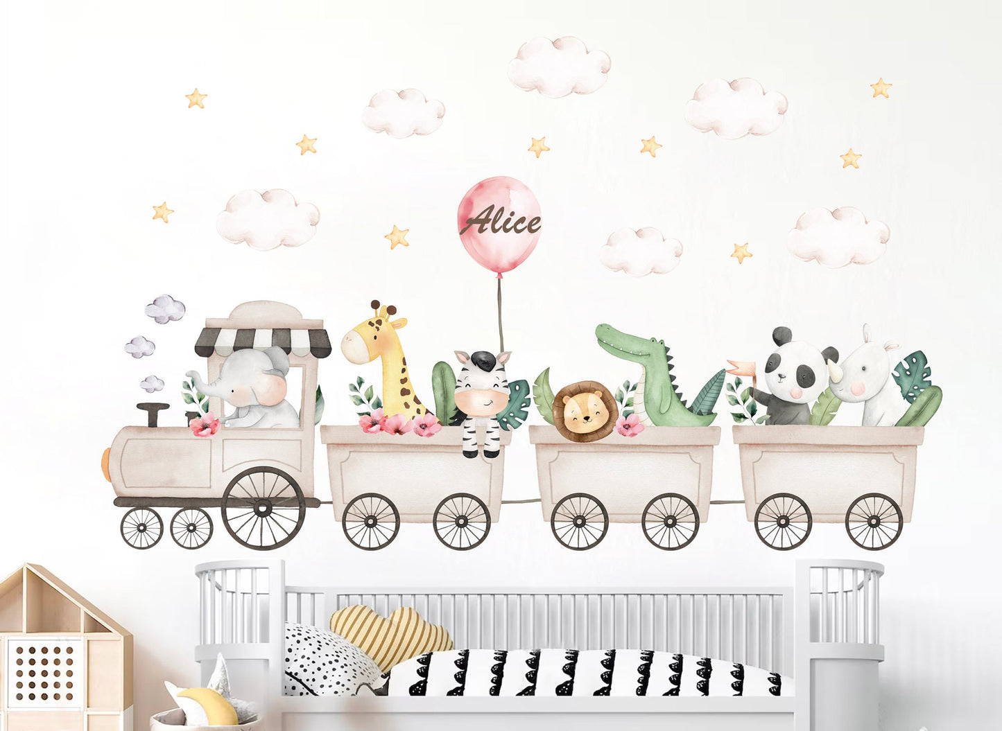 Safari Train Adventure Wall Decal - Elephant Giraffe Hippo Zebra Lion with Clouds and Stars - BR445