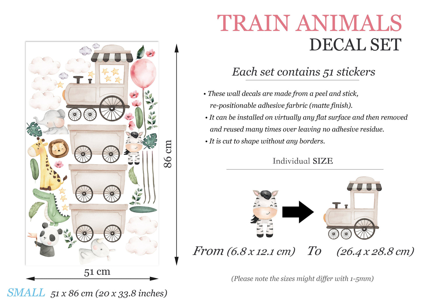 Safari Train Adventure Wall Decal - Elephant Giraffe Hippo Zebra Lion with Clouds and Stars - BR445