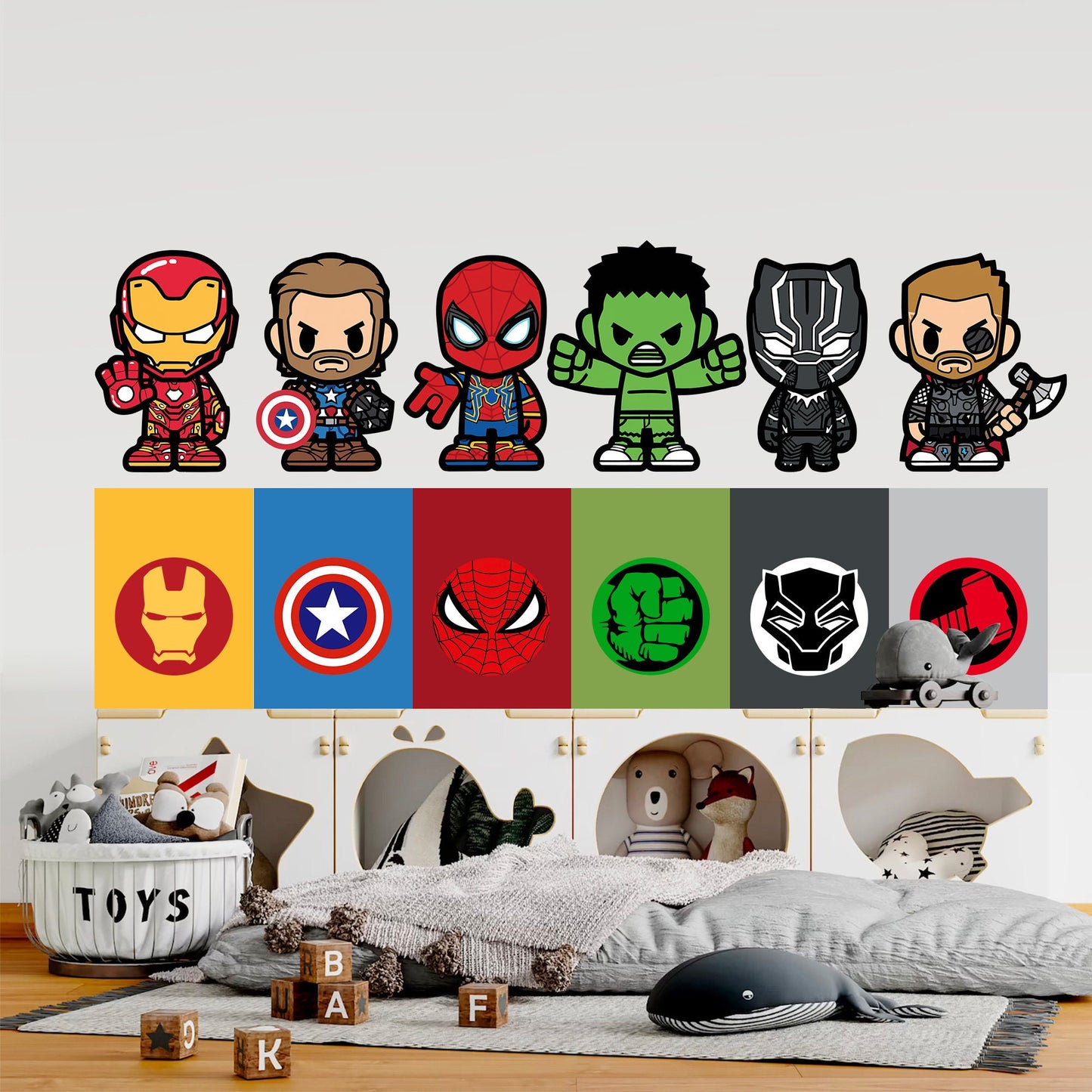 Marvel Superheroes with Logo Flags Wall Decal - Spiderman Iron Man Captain America - Boys Room Decoration - BR455