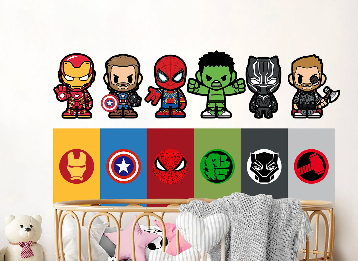 Marvel Superheroes with Logo Flags Wall Decal - Spiderman Iron Man Captain America - Boys Room Decoration - BR455