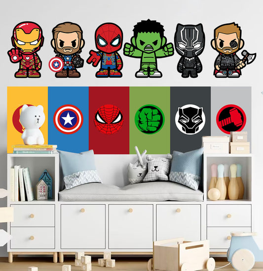 Marvel Superheroes with Logo Flags Wall Decal - Spiderman Iron Man Captain America - Boys Room Decoration - BR455