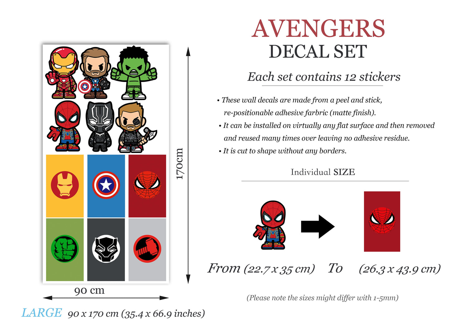 Marvel Superheroes with Logo Flags Wall Decal - Spiderman Iron Man Captain America - Boys Room Decoration - BR455