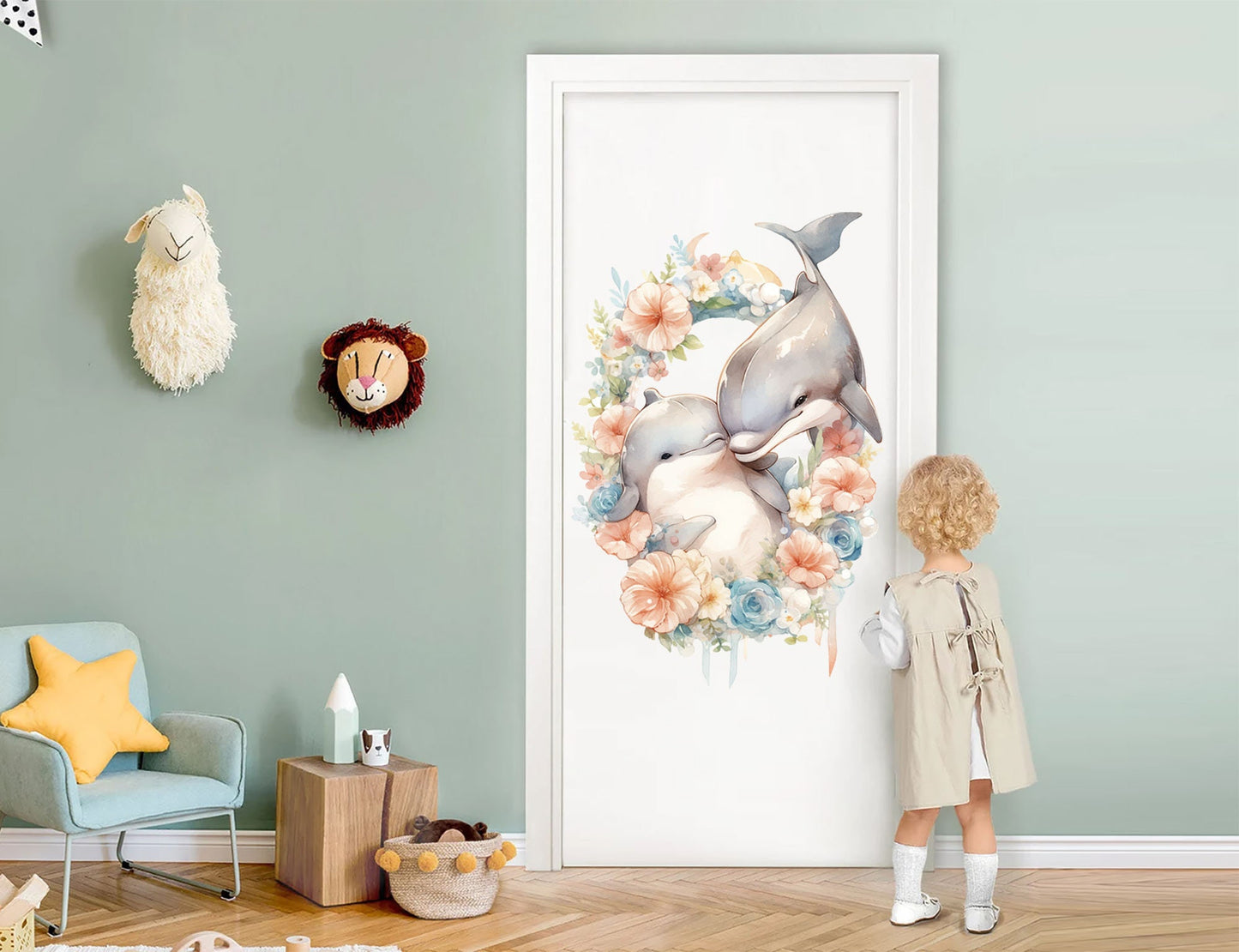 Duo of Dolphins in Floral Wreath Wall Decal - Removable Peel and Stick - BR447