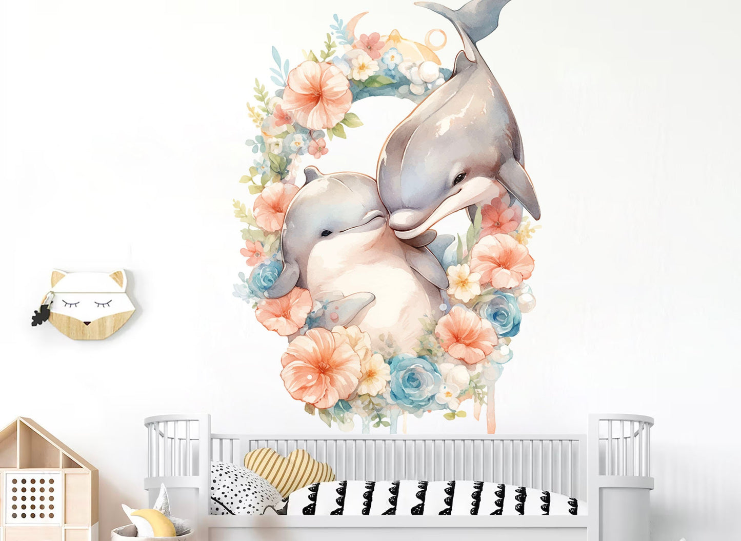 Duo of Dolphins in Floral Wreath Wall Decal - Removable Peel and Stick - BR447