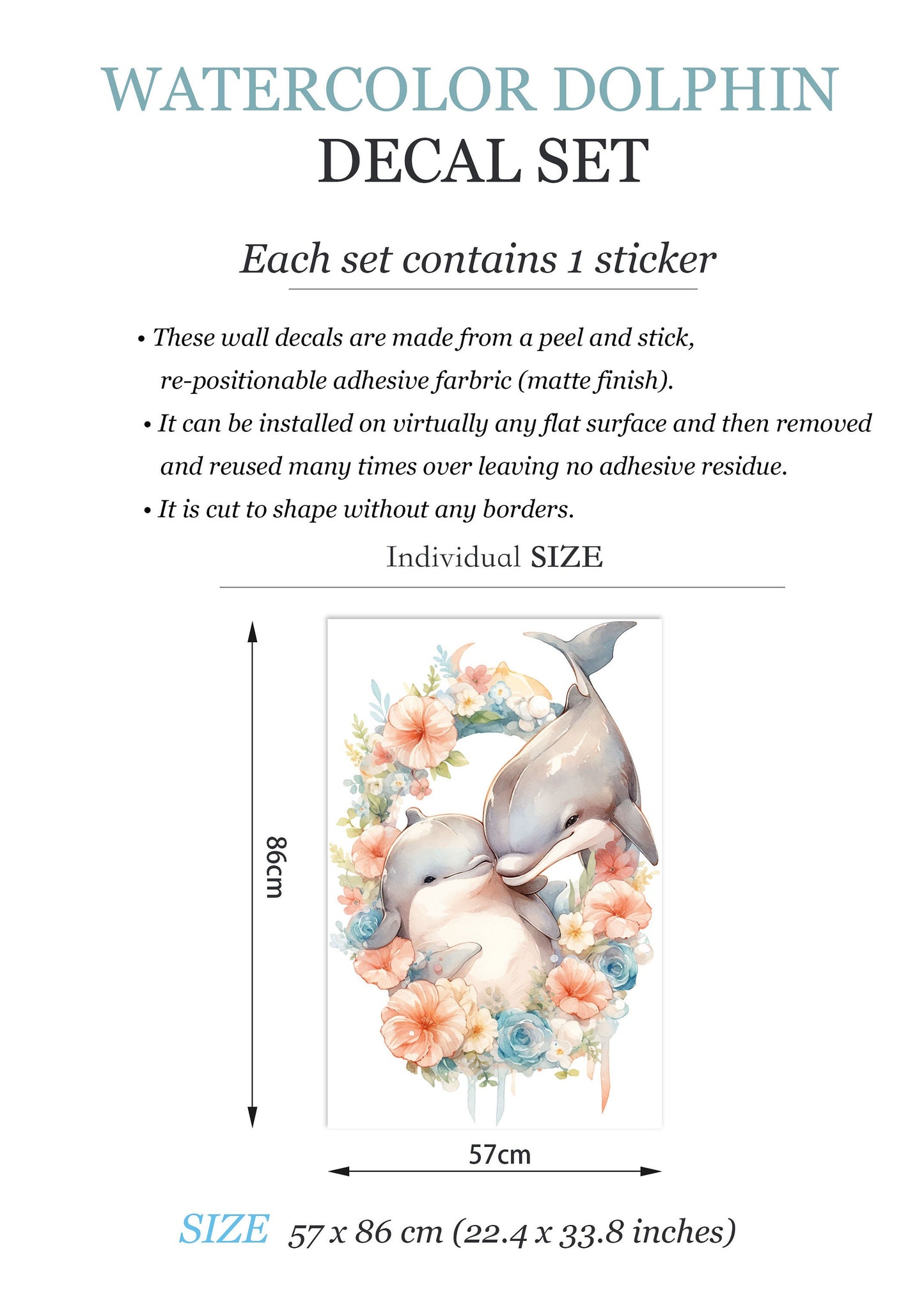 Duo of Dolphins in Floral Wreath Wall Decal - Removable Peel and Stick - BR447