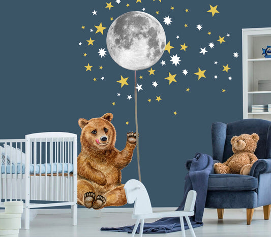 Brown Bear Under Full Moon Starry Removable Wall Decal - Stars Night Sky - BR448
