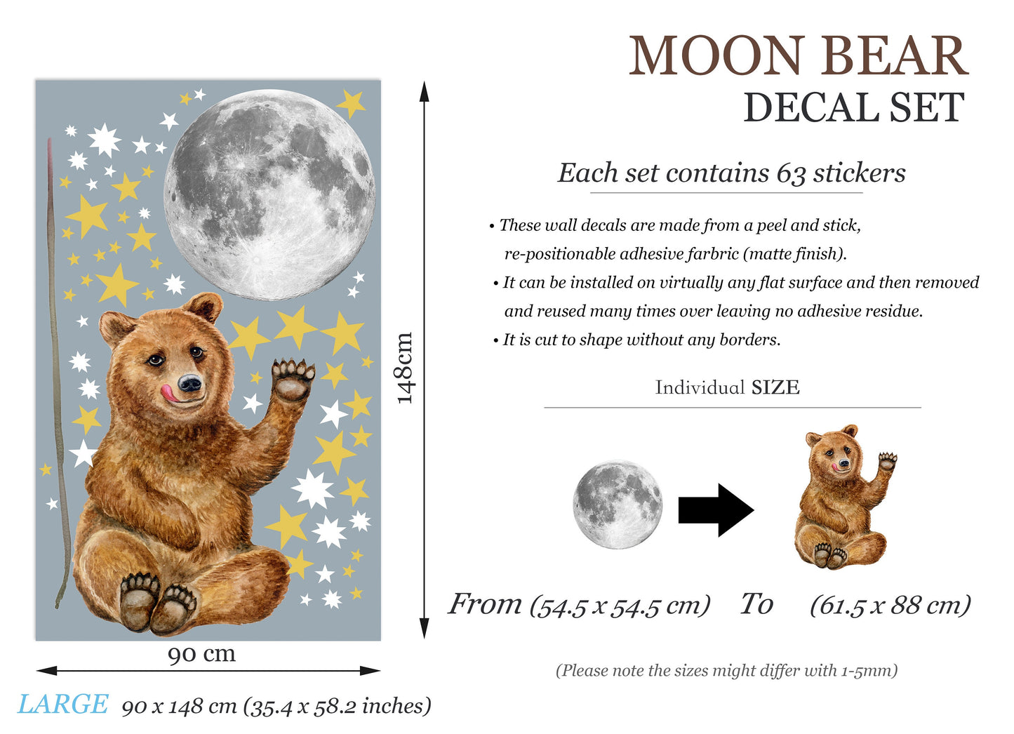 Brown Bear Under Full Moon Starry Removable Wall Decal - Stars Night Sky - BR448