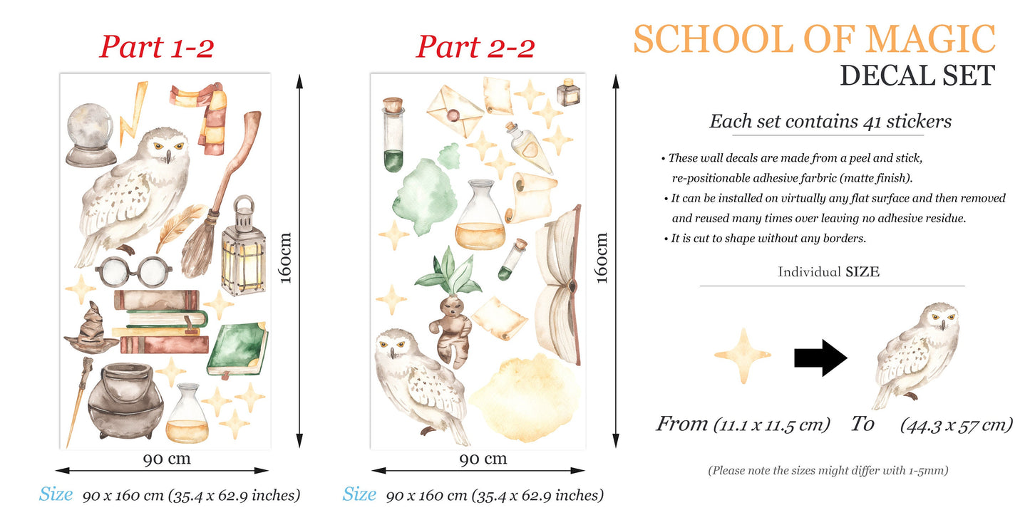 Enchanted Wizardry Wall Decals Set - School of Magic Owl Wand Potion - BR198