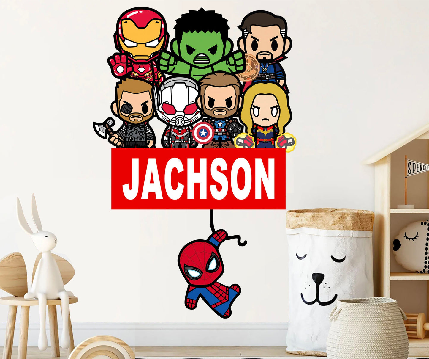 Custom Personalized Name with Baby Avengers Superhero Nursery Wall Decal - Hulk Spiderman Iron Man Captain America - BR452