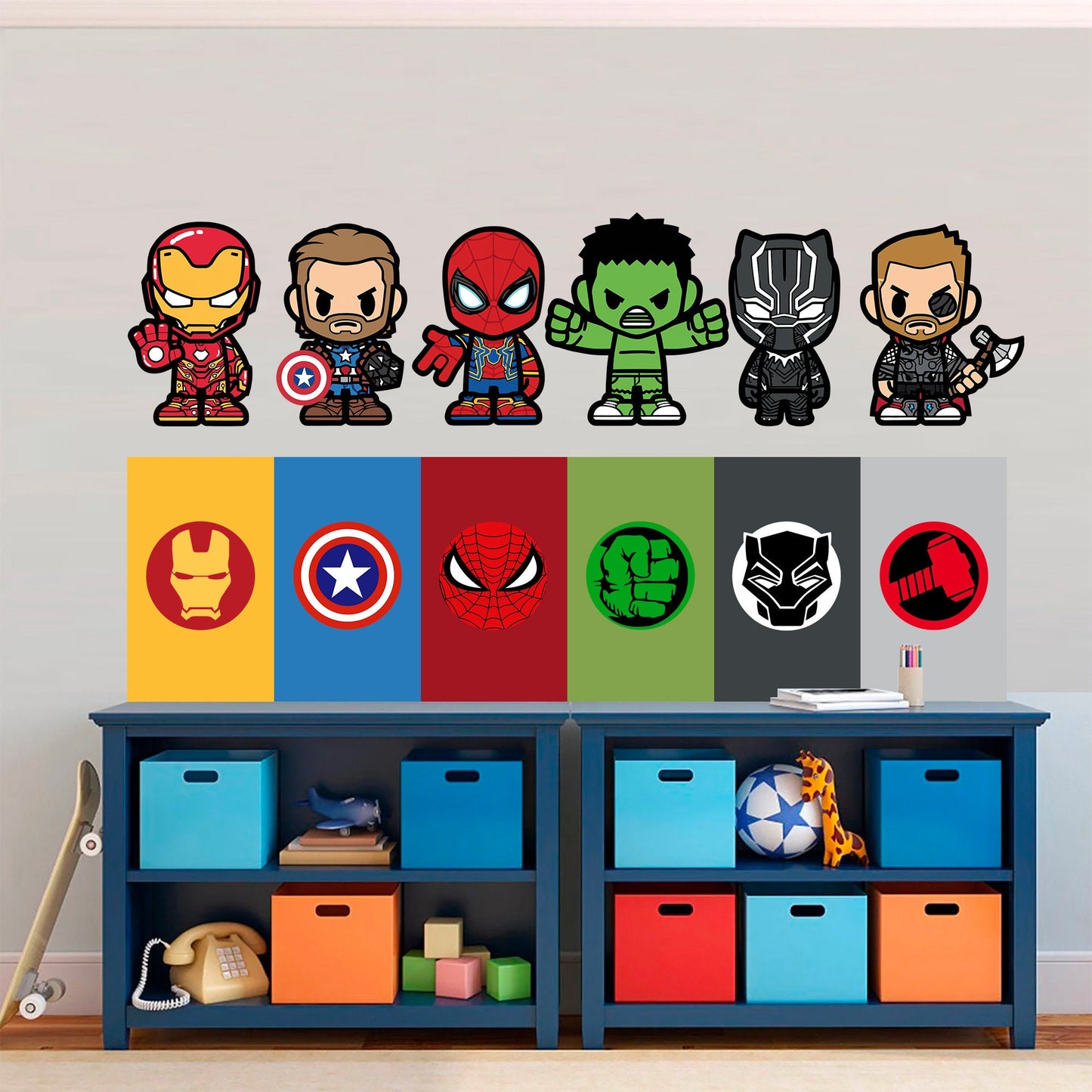 Marvel Superheroes with Logo Flags Wall Decal - Spiderman Iron Man Captain America - Boys Room Decoration - BR455