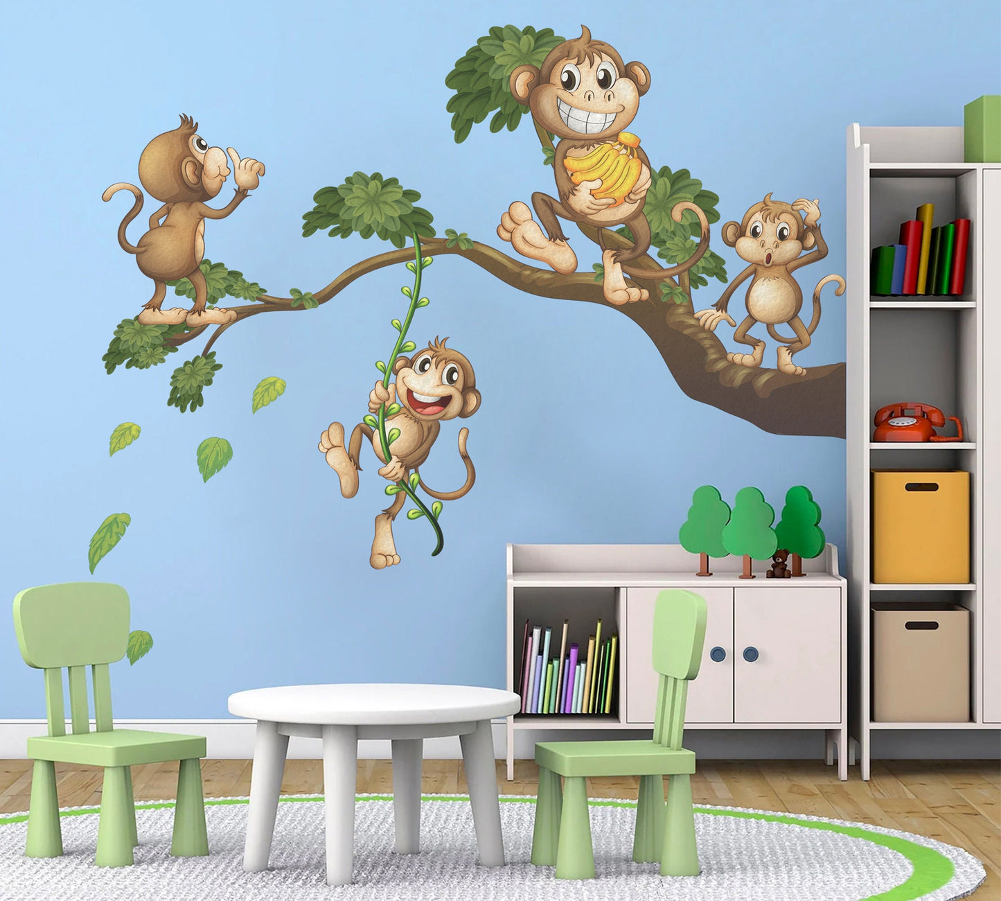 Playful Jungle Monkeys Wall Decal - Cheerful Watercolor Cartoon Decor - BR454