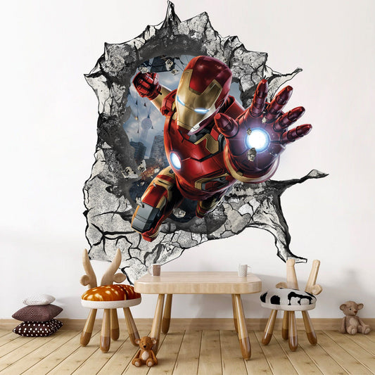 Avengers Superhero Warzone Iron Man Bursting Through - 3D Superhero Wall Decal - SP001