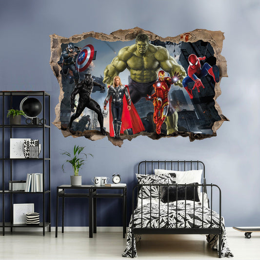 Avengers Superhero Dynamic 3D Decal Superheroes Battling Through Broken Wall Decal for Kids' Rooms - SP016