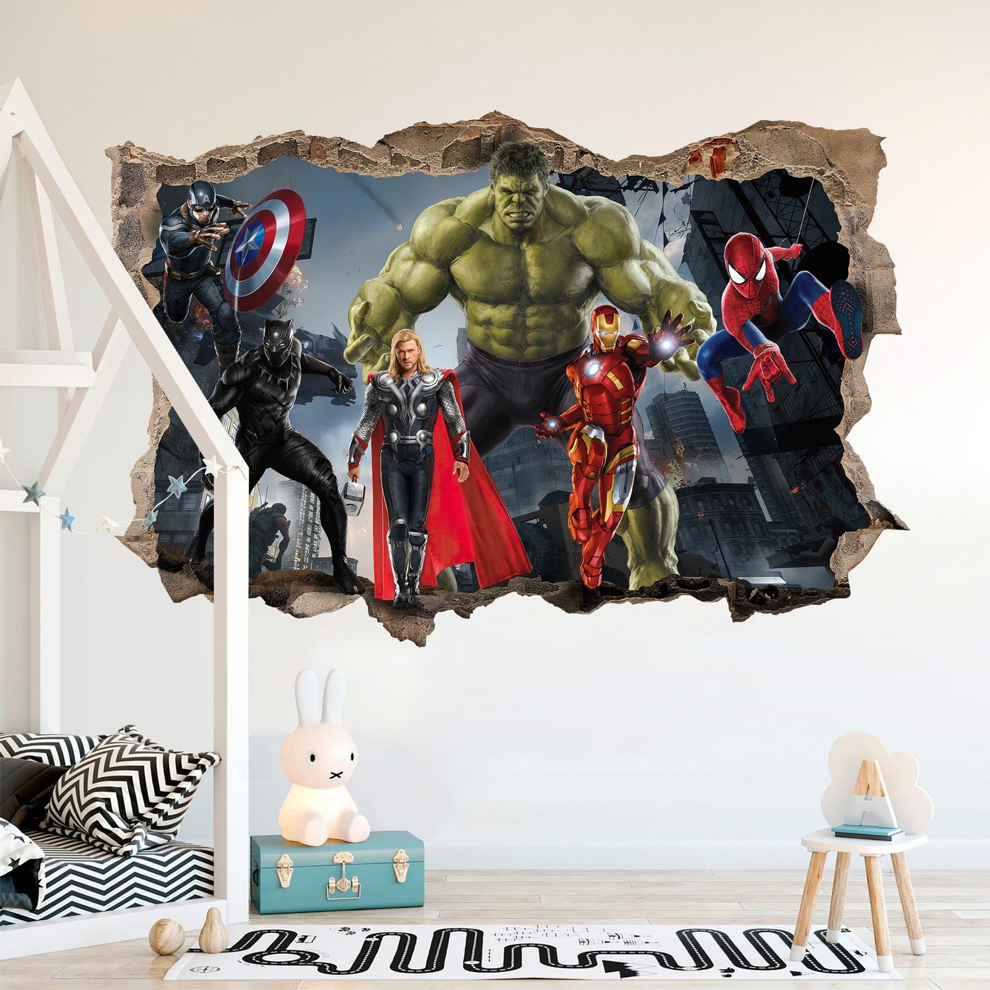 Avengers Superhero Dynamic 3D Decal Superheroes Battling Through Broken Wall Decal for Kids' Rooms - SP016