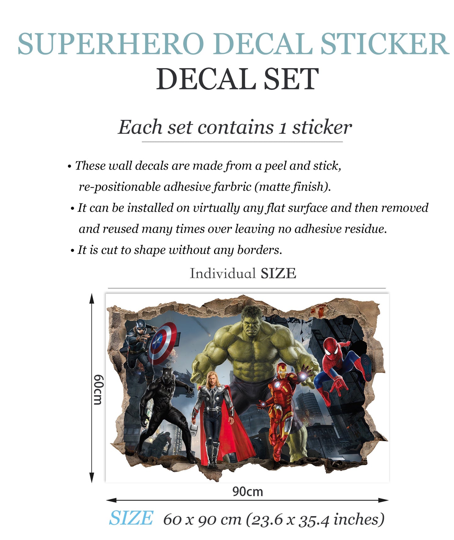 Avengers Superhero Dynamic 3D Decal Superheroes Battling Through Broken Wall Decal for Kids' Rooms - SP016