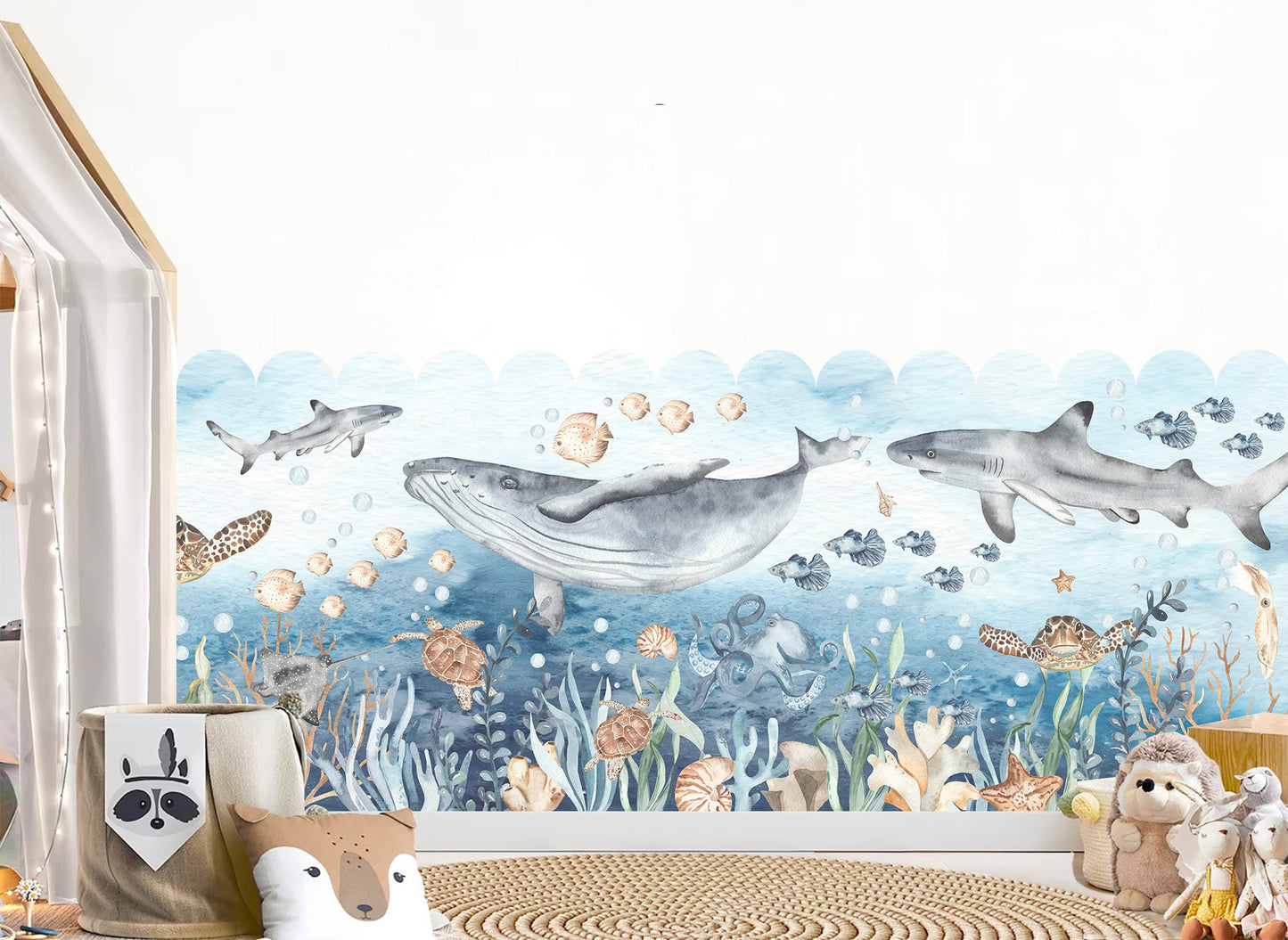 Cartoon Undersea Fabric Wall Mural - Free-Spirited Ocean Creatures: Whales, Turtles, Sharks, Octopuses, Beautiful Watercolor Décor - WM031