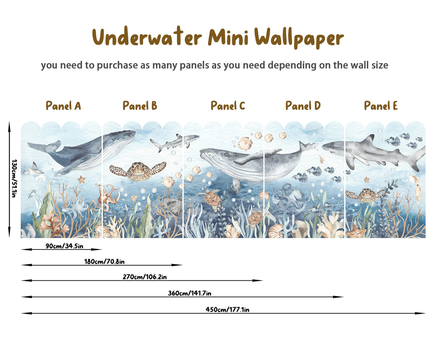 Cartoon Undersea Fabric Wall Mural - Free-Spirited Ocean Creatures: Whales, Turtles, Sharks, Octopuses, Beautiful Watercolor Decor - WM031