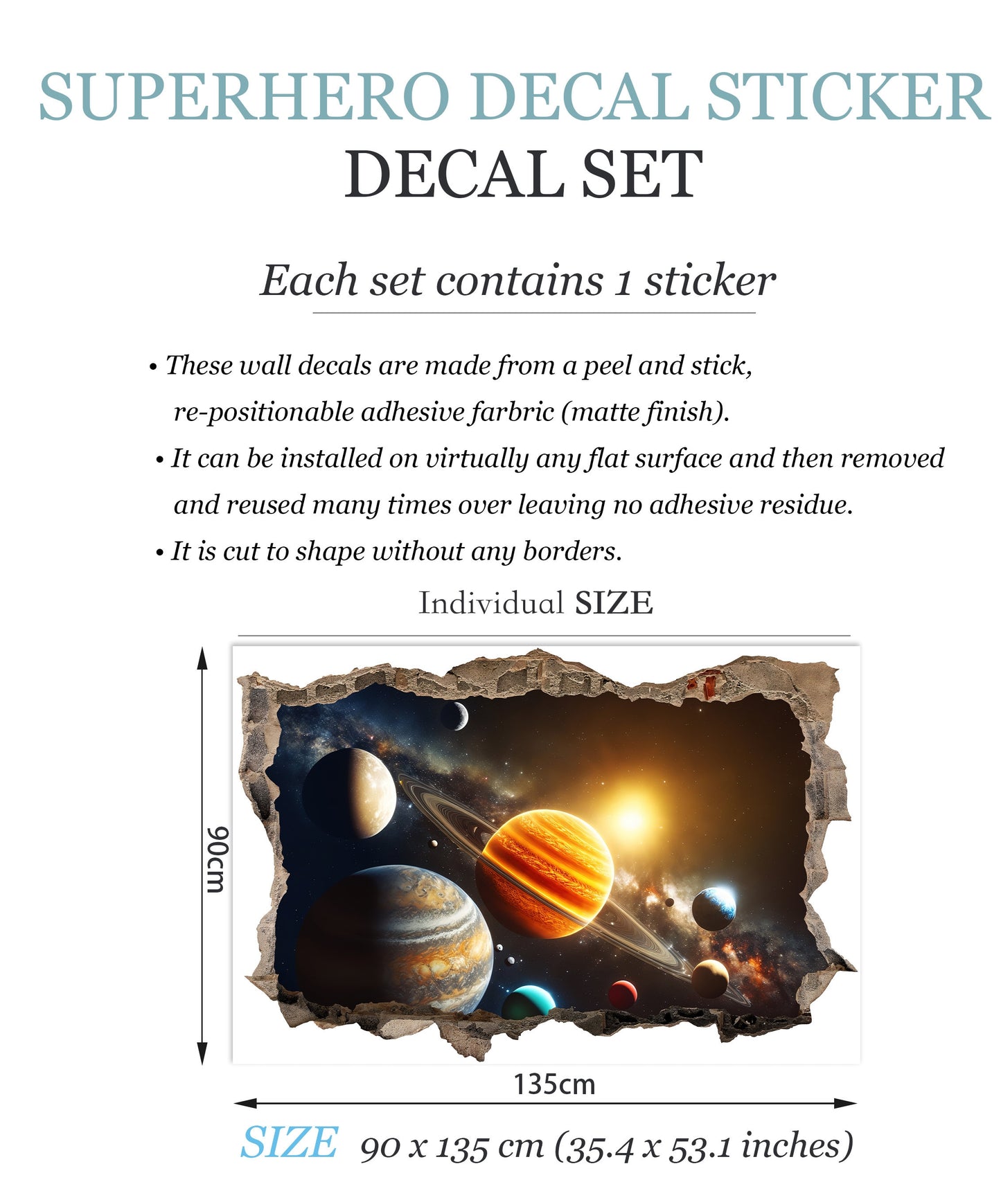 Space Odyssey: Solar System Planets Breakthrough 3D Broken Wall Decal - Removable Peel and Stick - BW001