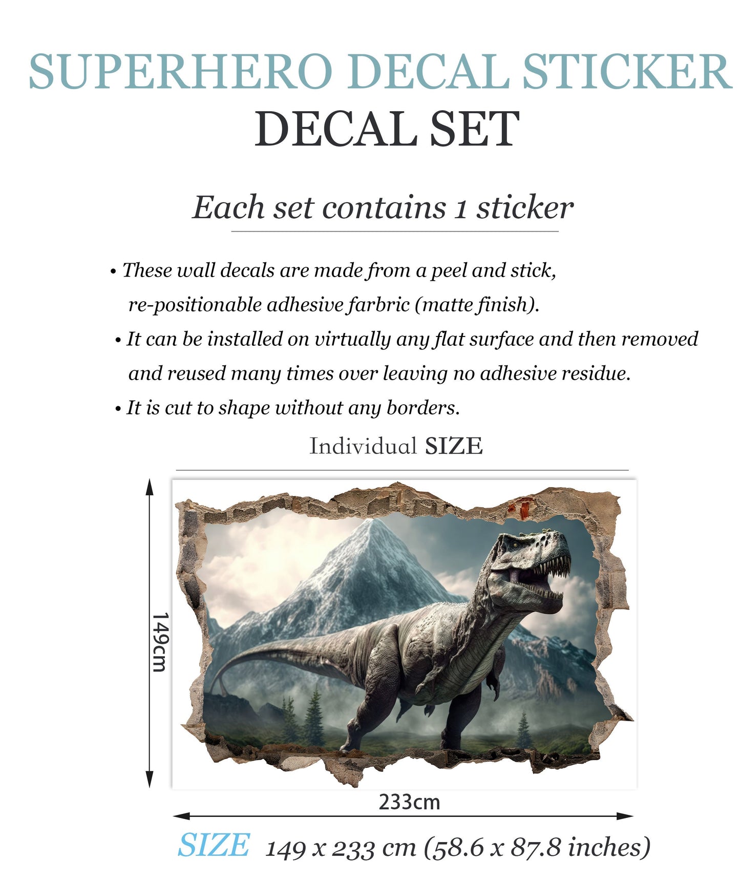 Dino World Tyrannosaurus Rex Breakthrough 3D Broken Wall Decal - Removable Peel and Stick - BW003