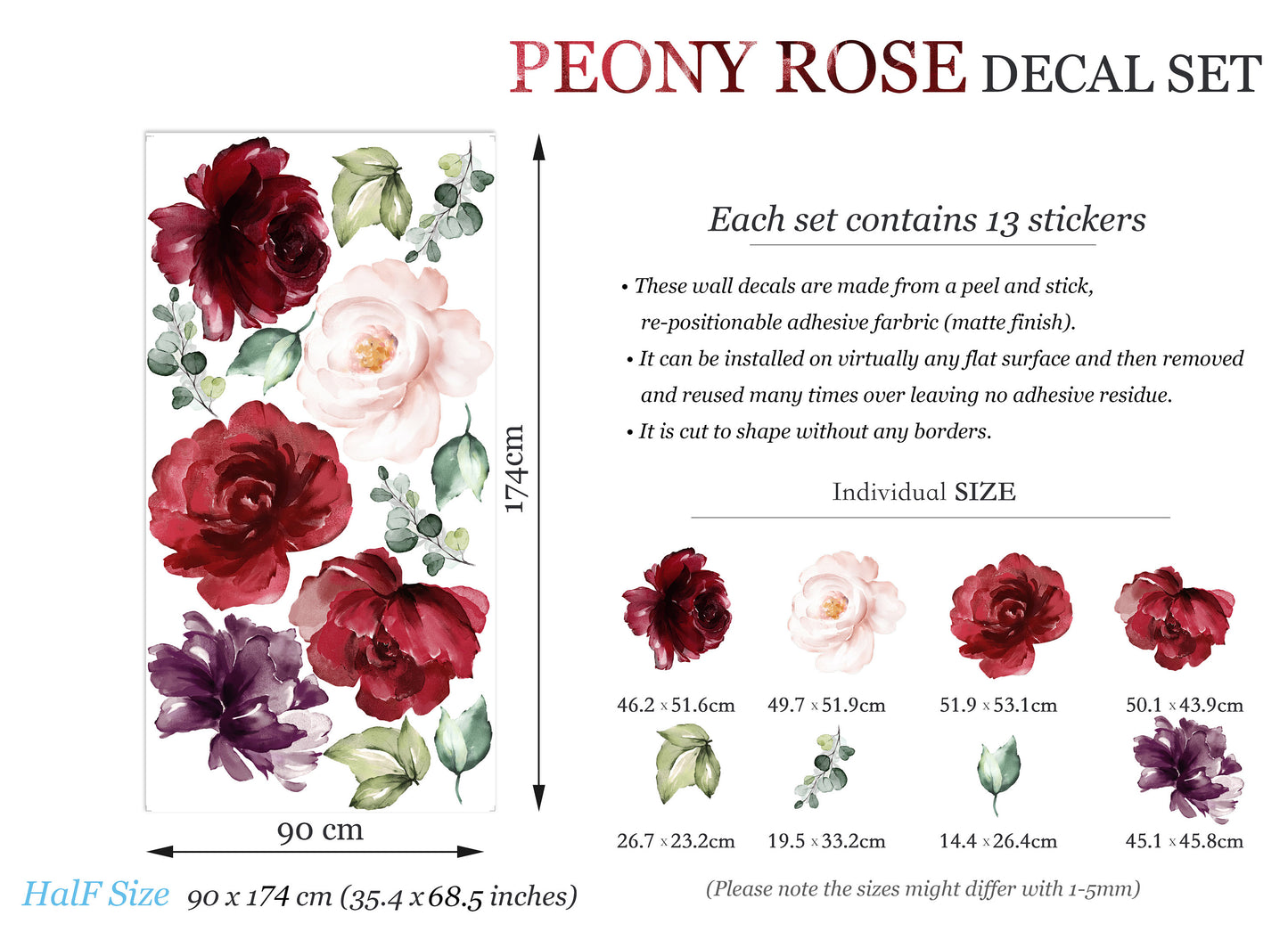 Floral Burgundy Peonies Wall Decal - BR030