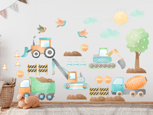 Vibrant Construction Trucks Mixer Bulldozer Digger Blue and Orange Removable Wall Decal - Boys Room Decor - BR291